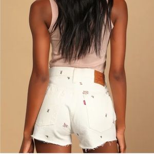 Levis 501 Original White Floral Embroidered High Rise Cut-Off Shorts